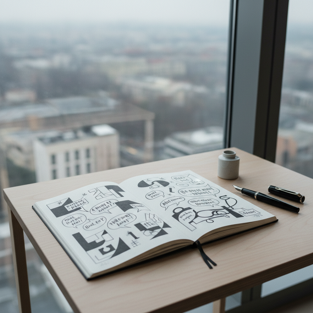 An uncluttered writing table of pale, matte birch stands near a large window overlooking an indistinct cityscape blurred into soft grays and blues. On the table, a single open sketchbook reveals a black-and-white poetry comic: carefully inked panels of abstract shapes, fractured speech balloons, and flowing verse. Beside it, a minimalist black fountain pen and a small ceramic inkwell catch the cool, overcast daylight streaming in. The light is gentle and even, creating subtle reflections on the pen’s metal clip and soft shadows beneath the sketchbook. Photographed from a slightly elevated angle with balanced composition, the image feels calm, intellectual, and modern, emphasizing the refined intersection of visual art and poetry in a sophisticated, gallery-like atmosphere.