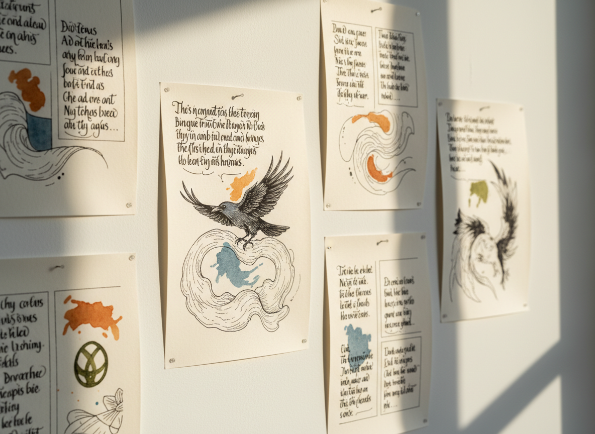 A close-up of a pristine white wall in a quiet studio, where several pages of poetry comics are neatly pinned in a loose grid. Each page features stark black ink drawings, delicate hand-lettered text, and occasional muted accent colors like rust, slate blue, and olive. The pages curl slightly at the edges, revealing their weight and texture. Late afternoon golden light slants in from the right, grazing the paper and creating narrow, defined shadows that emphasize depth. Captured straight-on in photographic realism with sharp focus, the composition uses the rule of thirds to highlight one particularly intricate page, while the others fade softly toward the edges. The mood is sophisticated and contemplative, evoking a curated exhibition of experimental narrative and verse.